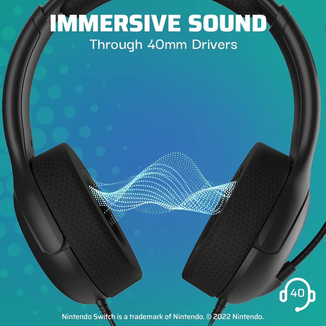 PDP Gaming LVL40 Stereo Headset met Mic for Nintendo Switch - PC, iPad, Mac, laptopcomputer - Noise Cancelling microfoon, Lichtgewicht, Soft Comfort On Ear Headphones, 3.5 mm jack - zwart