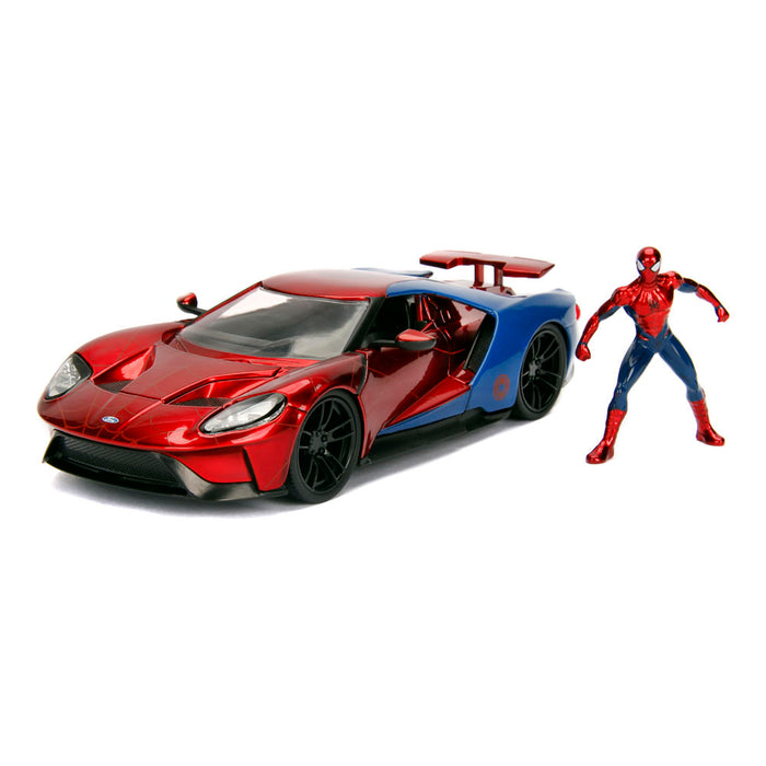 Jada Toys 253225002 Marvel Spiderman 2017 Ford GT, 1:24 Modellauto Figur, aus Zinkdruckguss, öffnende Flügeltüren, inkl. Freilauf, rot/blau