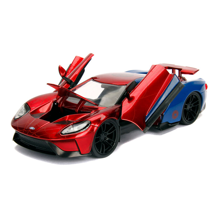 Jada Toys 253225002 Marvel Spiderman 2017 Ford GT, 1:24 Modellauto Figur, aus Zinkdruckguss, öffnende Flügeltüren, inkl. Freilauf, rot/blau