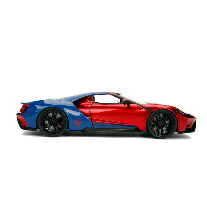 Jada Toys 253225002 Marvel Spiderman 2017 Ford GT, 1:24 Modellauto Figur, aus Zinkdruckguss, öffnende Flügeltüren, inkl. Freilauf, rot/blau