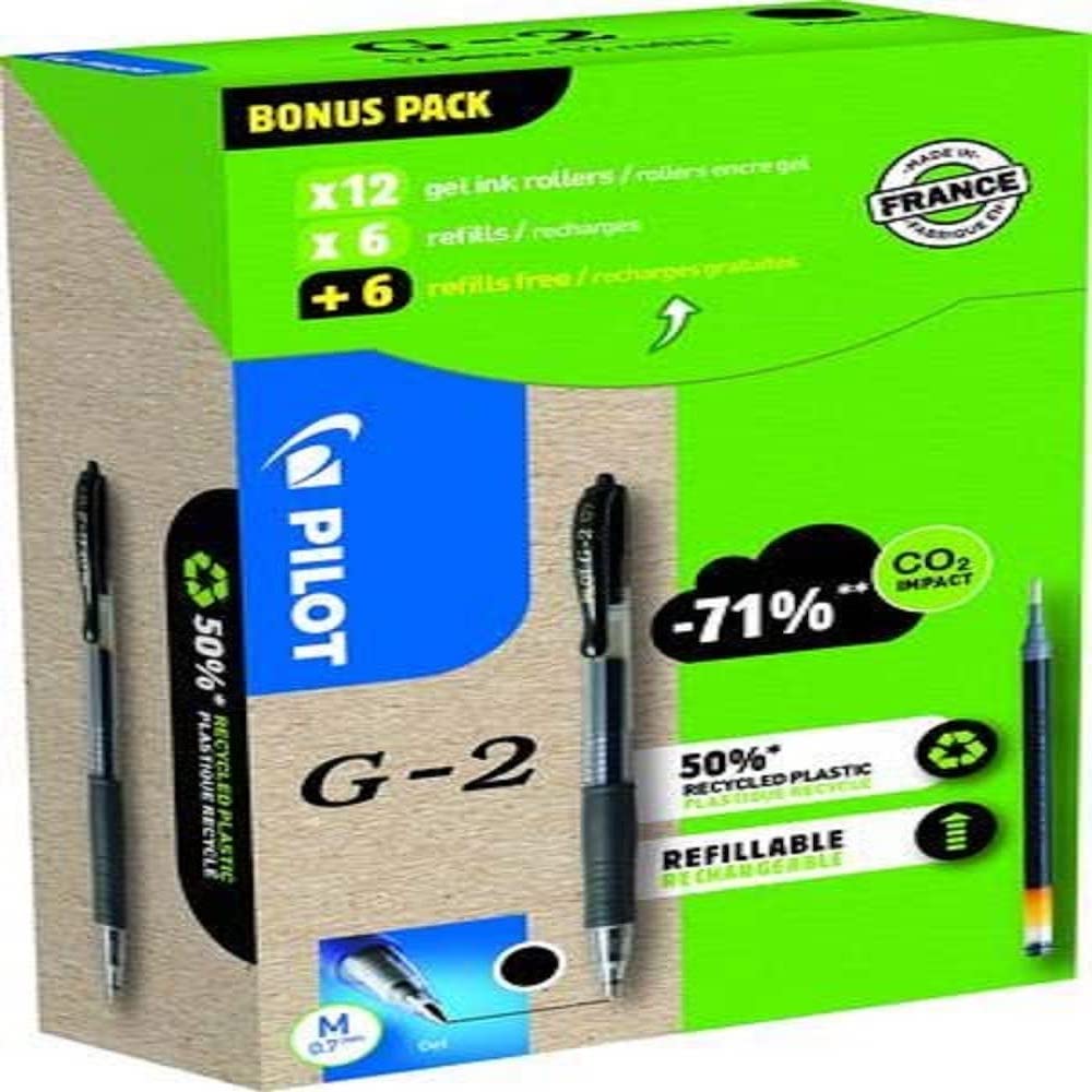 Pilot Greenpack G-2 Gel, 0.7mm, Black, 12 Pens and 12 Refills, (WLT556176