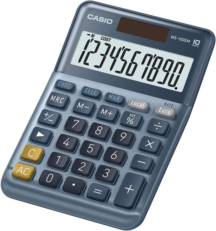 Casio MS-100EM - Calculadora de Escritorio con Pantalla Extra-Grande de 10 dígitos, con energía Solar/batería, con cálculo avanzado de Porcentaje, conversión de Moneda en Euros, Azul