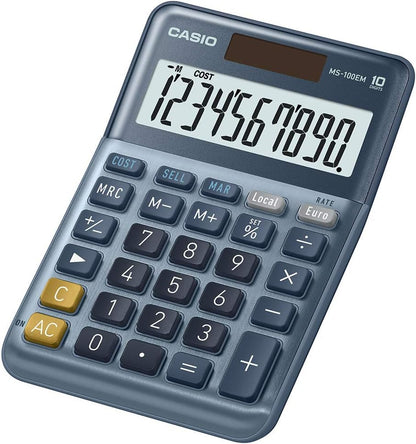 Casio MS-100EM - Calculadora de Escritorio con Pantalla Extra-Grande de 10 dígitos, con energía Solar/batería, con cálculo avanzado de Porcentaje, conversión de Moneda en Euros, Azul