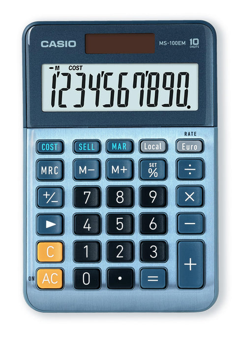 Casio MS-100EM - Calculadora de Escritorio con Pantalla Extra-Grande de 10 dígitos, con energía Solar/batería, con cálculo avanzado de Porcentaje, conversión de Moneda en Euros, Azul