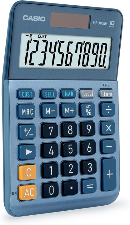Casio MS-100EM - Calculadora de Escritorio con Pantalla Extra-Grande de 10 dígitos, con energía Solar/batería, con cálculo avanzado de Porcentaje, conversión de Moneda en Euros, Azul