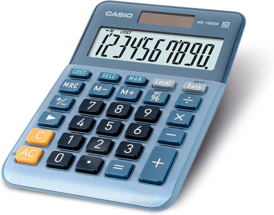 Casio MS-100EM - Calculadora de Escritorio con Pantalla Extra-Grande de 10 dígitos, con energía Solar/batería, con cálculo avanzado de Porcentaje, conversión de Moneda en Euros, Azul