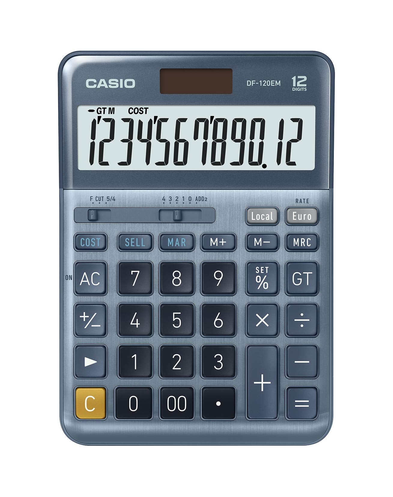 Casio Tischrechner DF-120EM, 12-stellig, Cost/Sell/Margin, Gesamtsummen-Speicher, Solar-/Batteriebetrieb, silber