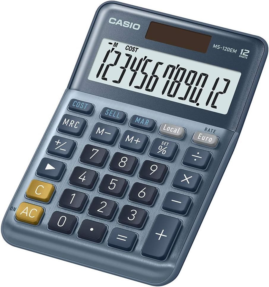 CASIO MS-120EM Desktop Calculator 12 Digit Currency Conversion Cost/Sell/Margin, Aluminium Front, Solar/Battery Operated, blue