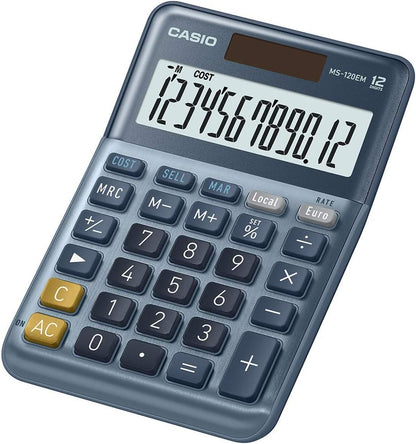CASIO MS-120EM Desktop Calculator 12 Digit Currency Conversion Cost/Sell/Margin, Aluminium Front, Solar/Battery Operated, blue