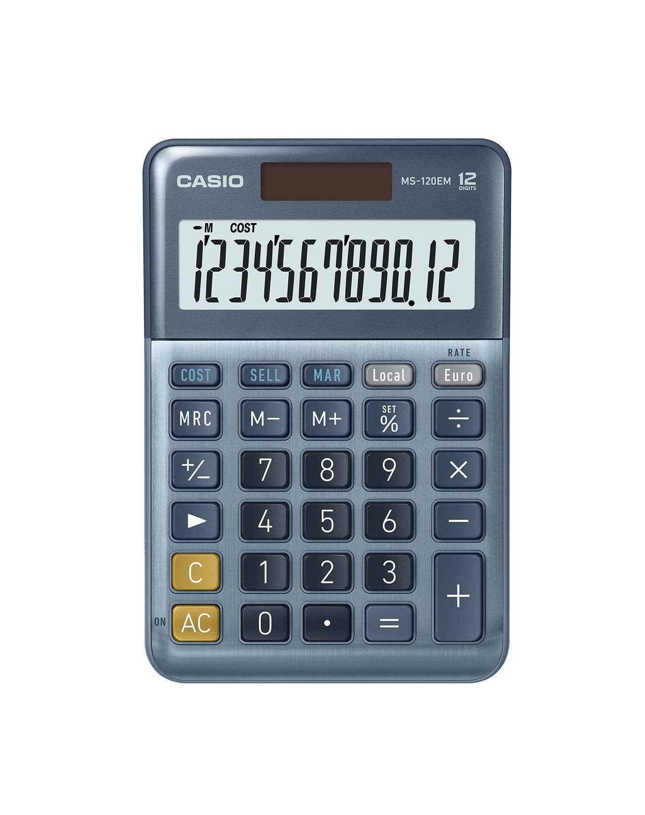 CASIO MS-120EM Desktop Calculator 12 Digit Currency Conversion Cost/Sell/Margin, Aluminium Front, Solar/Battery Operated, blue
