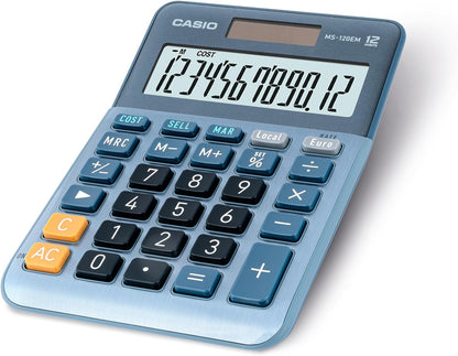 CASIO MS-120EM Desktop Calculator 12 Digit Currency Conversion Cost/Sell/Margin, Aluminium Front, Solar/Battery Operated, blue