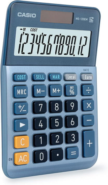 CASIO MS-120EM Desktop Calculator 12 Digit Currency Conversion Cost/Sell/Margin, Aluminium Front, Solar/Battery Operated, blue