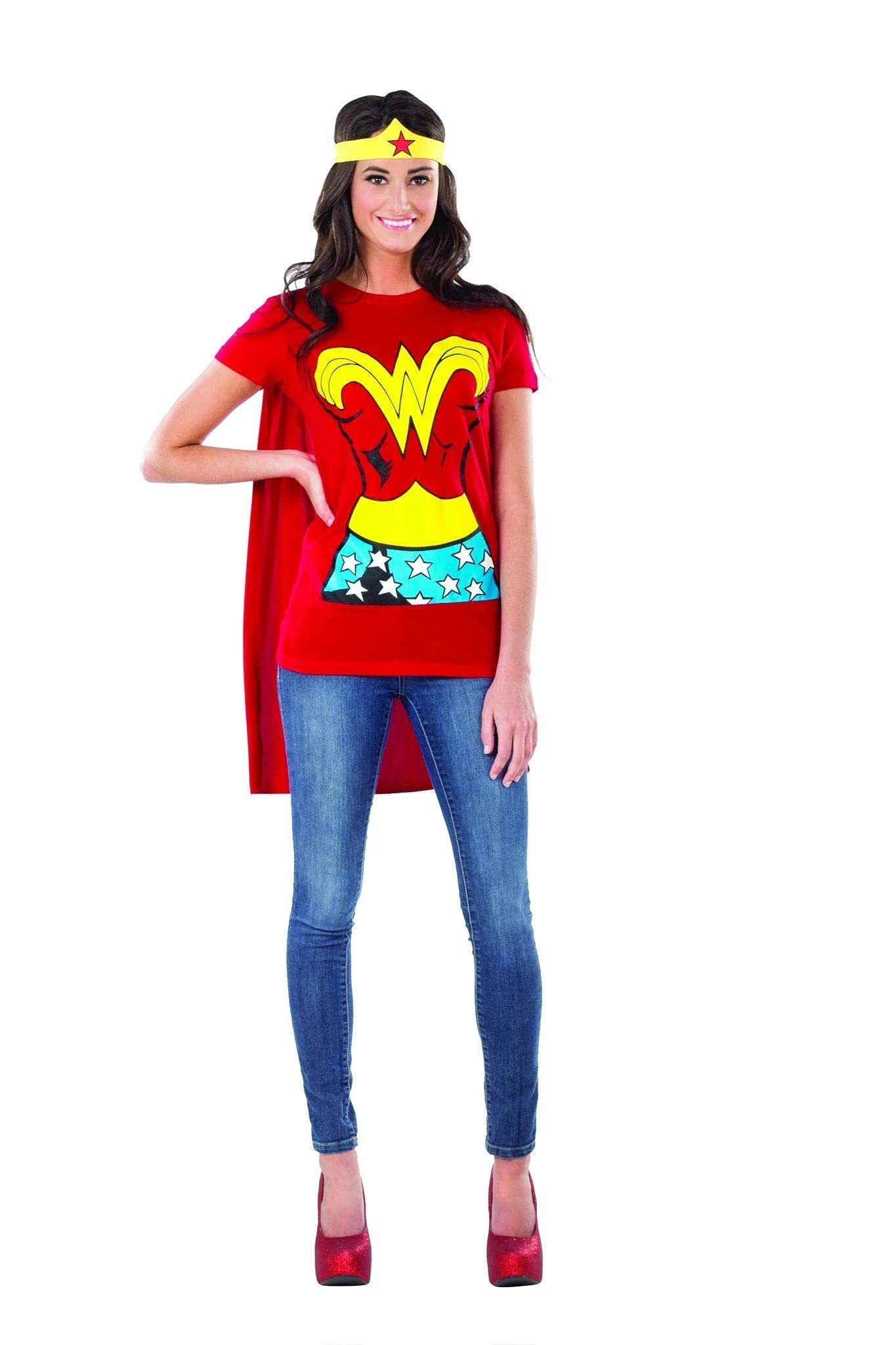 Rubie's Official DC Comics Wonder Woman Ladies Dress Up Kit, Super Hero Tshirt Top, Headpiece & Cape
