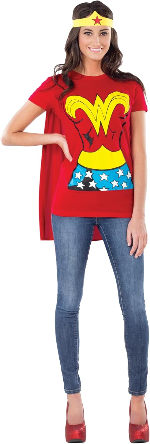 Rubie's Official DC Comics Wonder Woman Ladies Dress Up Kit, Super Hero Tshirt Top, Headpiece & Cape
