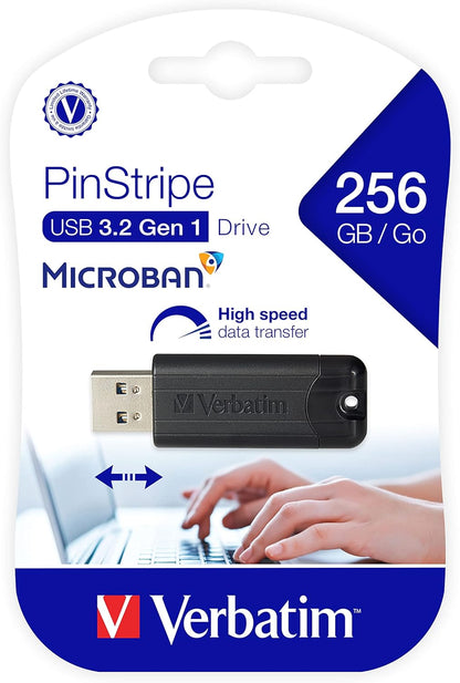 Verbatim PinStripe USB-Stick, 256GB, USB 3.2 Gen 1, USB Speicherstick, externer Speicher für Laptop Notebook Ultrabook TV Autoradio, USB-3, Datenstick mit Schiebemechanismus, schwarz