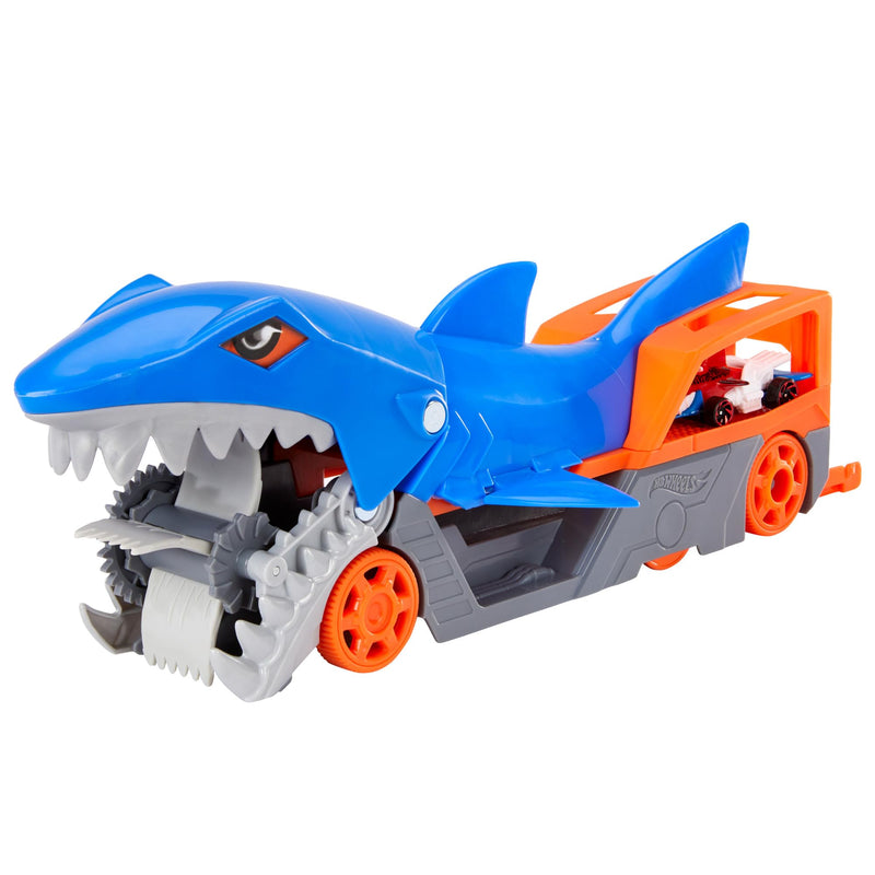 Hot Wheels Shark trailer Playset with 1 car (1:64 scale) for children aged 4 to 8, Shark Bite Transport Truck picks up cars with its jaws and keeps up to 5 in its belly, GVG36