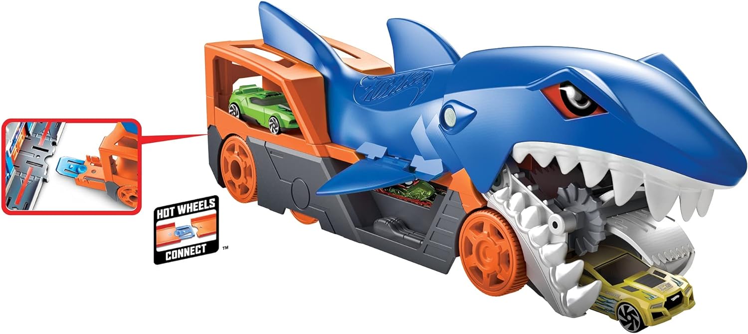 Hot Wheels Shark trailer Playset with 1 car (1:64 scale) for children aged 4 to 8, Shark Bite Transport Truck picks up cars with its jaws and keeps up to 5 in its belly, GVG36