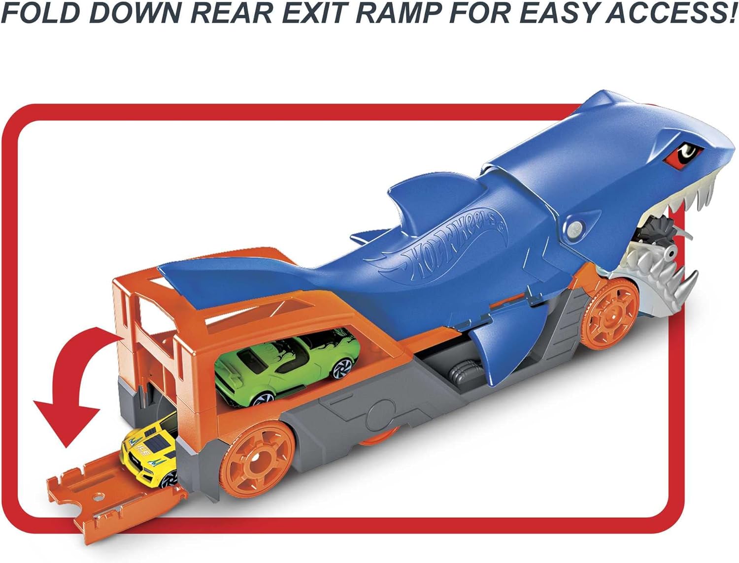Hot Wheels Shark trailer Playset with 1 car (1:64 scale) for children aged 4 to 8, Shark Bite Transport Truck picks up cars with its jaws and keeps up to 5 in its belly, GVG36