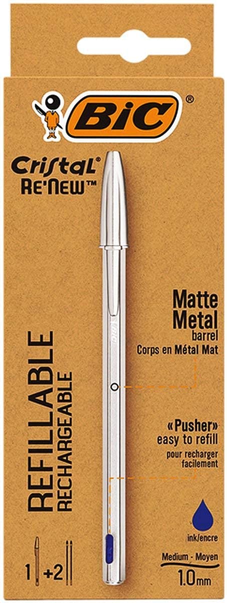 PACK BIC CRISTAL RE NEW - BLEU 1 STYLO-BILLE BIC CRISTAL RE NEW + 2 RECHARGES - POINTE MOYENNE (1.0MM