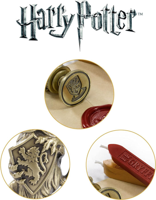 The Noble Collection Harry Potter Gryffindor Wax Seal - 6.5in (16.5cm) Die Cast Metal Stamp and Coloured Red and Gold Wax Set - Officially Licensed Film Set Movie Props Gifts Stationery