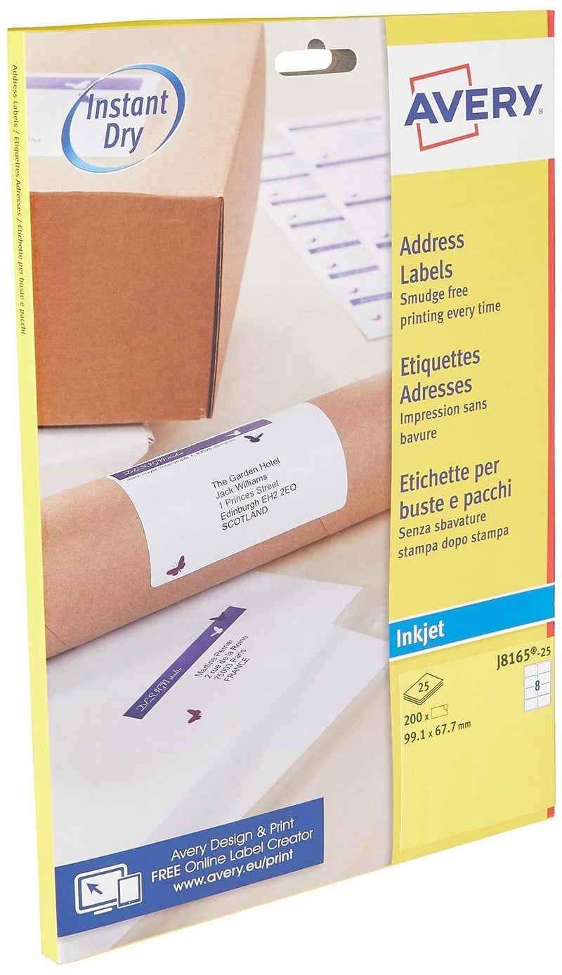 Avery Self Adhesive Parcel Shipping Labels, Inkjet Printers, 8 Labels Per A4 Sheet, 200 labels, QuickDRY (J8165), Multi