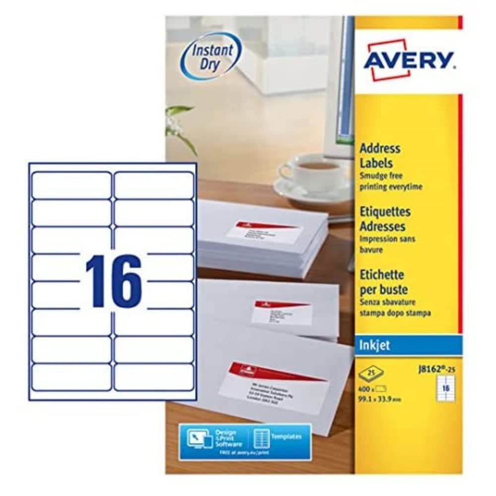 Avery Self Adhesive Address Mailing Labels, Inkjet Printers, 16 Labels per A4 Sheet, 400 labels, QuickDRY (J8162