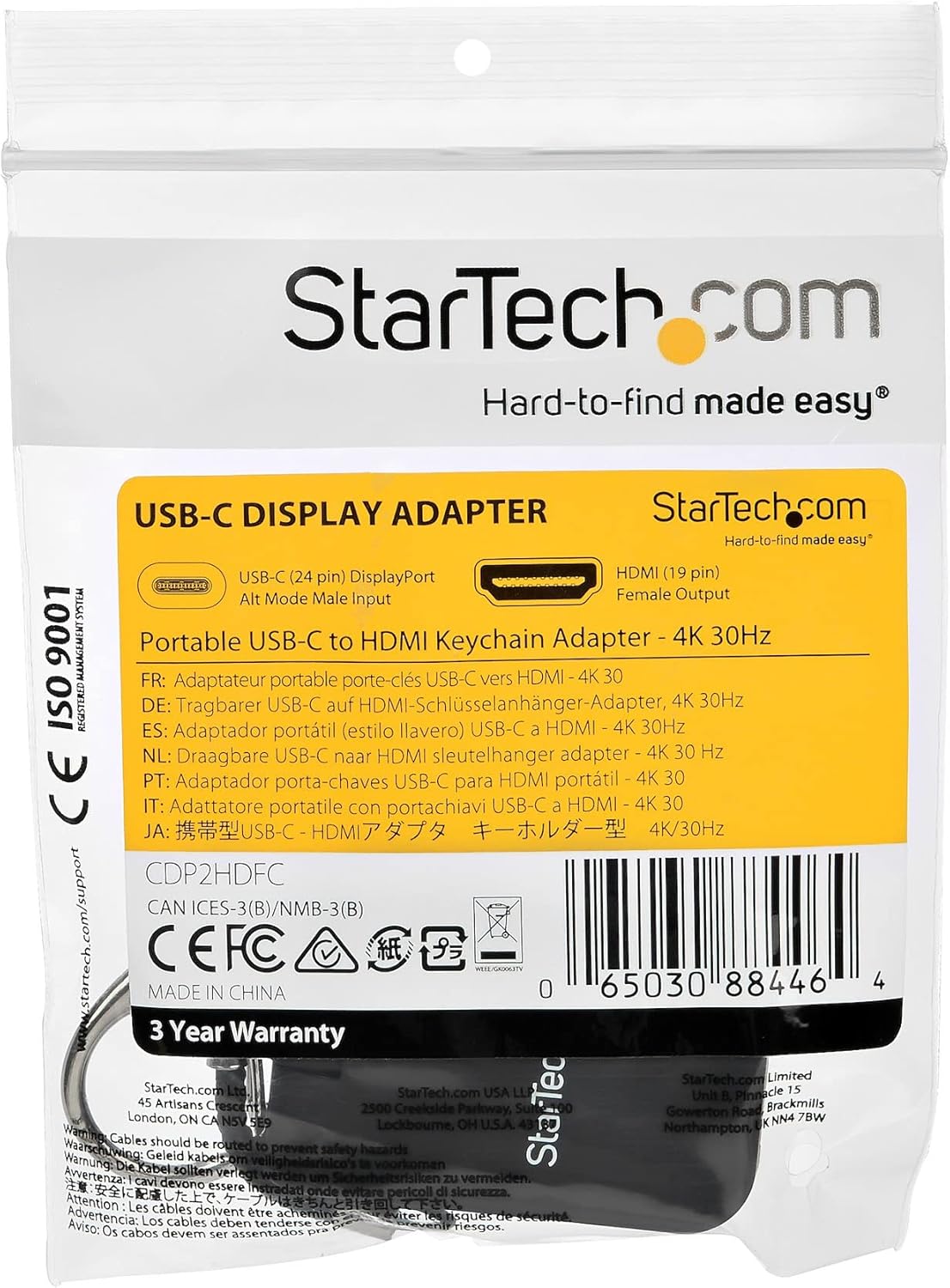 StarTech.com Compact USB C to HDMI Adapter - 4K 30Hz USB Type-C to HDMI Video Display Converter with Keychain Ring - USB-C DP Alt Mode to HDMI Monitor Dongle - Thunderbolt 3 Compatible (CDP2HDFC