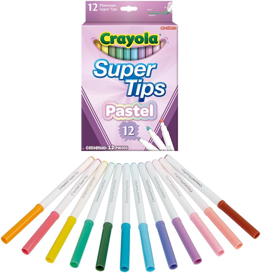Crayola - Super Tips, abwaschbare Marker mittlere Spitze, 12er-Pack, für Schule und Freizeit, für kreatives Lettering, Handschrift, Kalligraphie, Pastellfarben, 58-7515