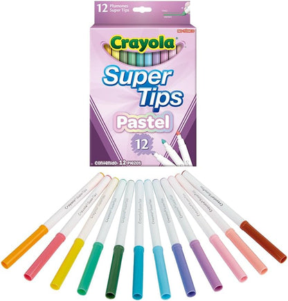Crayola - Super Tips, abwaschbare Marker mittlere Spitze, 12er-Pack, für Schule und Freizeit, für kreatives Lettering, Handschrift, Kalligraphie, Pastellfarben, 58-7515
