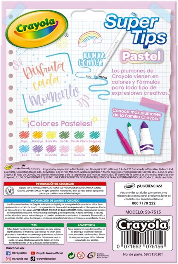 Crayola - Super Tips, abwaschbare Marker mittlere Spitze, 12er-Pack, für Schule und Freizeit, für kreatives Lettering, Handschrift, Kalligraphie, Pastellfarben, 58-7515