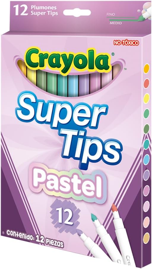 Crayola - Super Tips, abwaschbare Marker mittlere Spitze, 12er-Pack, für Schule und Freizeit, für kreatives Lettering, Handschrift, Kalligraphie, Pastellfarben, 58-7515