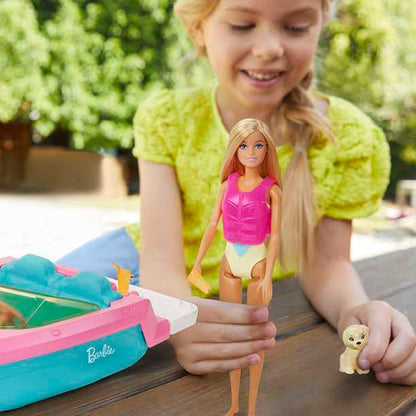 Barbie Doll and Boat Playset with Pet Puppy, Life Vest and Accessories, Fits 3 Dolls & Floats in Water, Gift for 3 to 7 Year Olds, GRG30