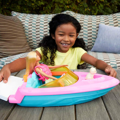 Barbie Doll and Boat Playset with Pet Puppy, Life Vest and Accessories, Fits 3 Dolls & Floats in Water, Gift for 3 to 7 Year Olds, GRG30
