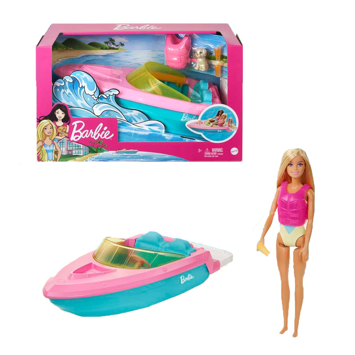 Barbie Doll and Boat Playset with Pet Puppy, Life Vest and Accessories, Fits 3 Dolls & Floats in Water, Gift for 3 to 7 Year Olds, GRG30