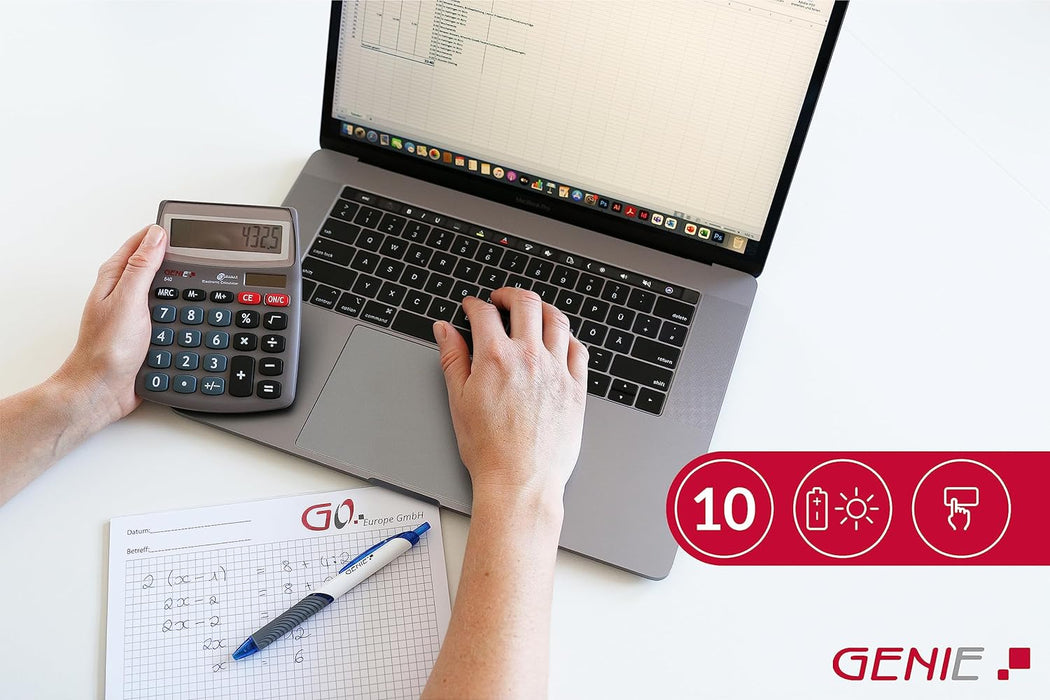 GENIE 540 10-stelliger Design-Tischrechner (Dual-Power (Solar und Batterie); kompakt) grau