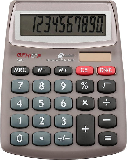 GENIE 540 10-stelliger Design-Tischrechner (Dual-Power (Solar und Batterie); kompakt) grau