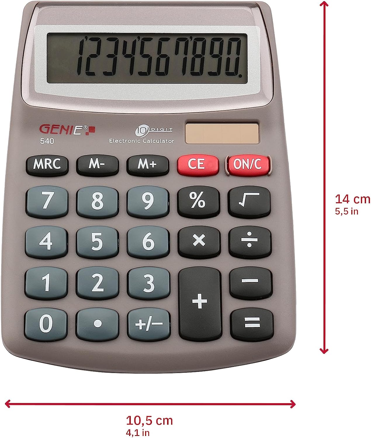 GENIE 540 10-stelliger Design-Tischrechner (Dual-Power (Solar und Batterie); kompakt) grau