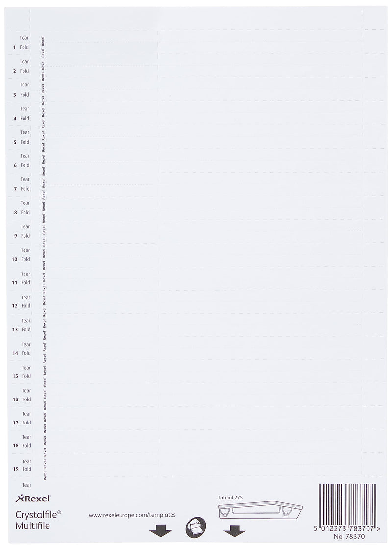 Rexel Crystalfile Lateral 275 Tab Inserts White (Pack of 57) 78370