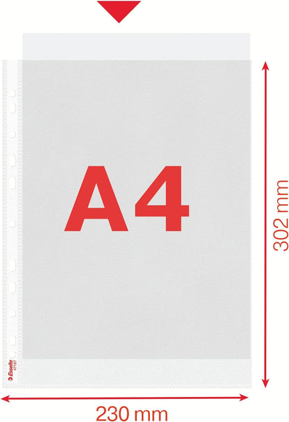 Esselte Heavy Duty Punched Pocket, Pack of 25, Holds up to 20 A4 sheets, Transparent, 115 Micron PP Material, 47187
