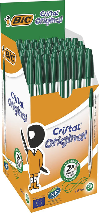 Bic Cristal Medium Smudge-free Ballpoint Pen, 1.0mm Tip Line, Green, Ideal for Office and School, Pack of 50