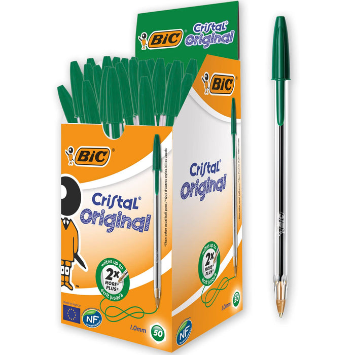 Bic Cristal Medium Smudge-free Ballpoint Pen, 1.0mm Tip Line, Green, Ideal for Office and School, Pack of 50