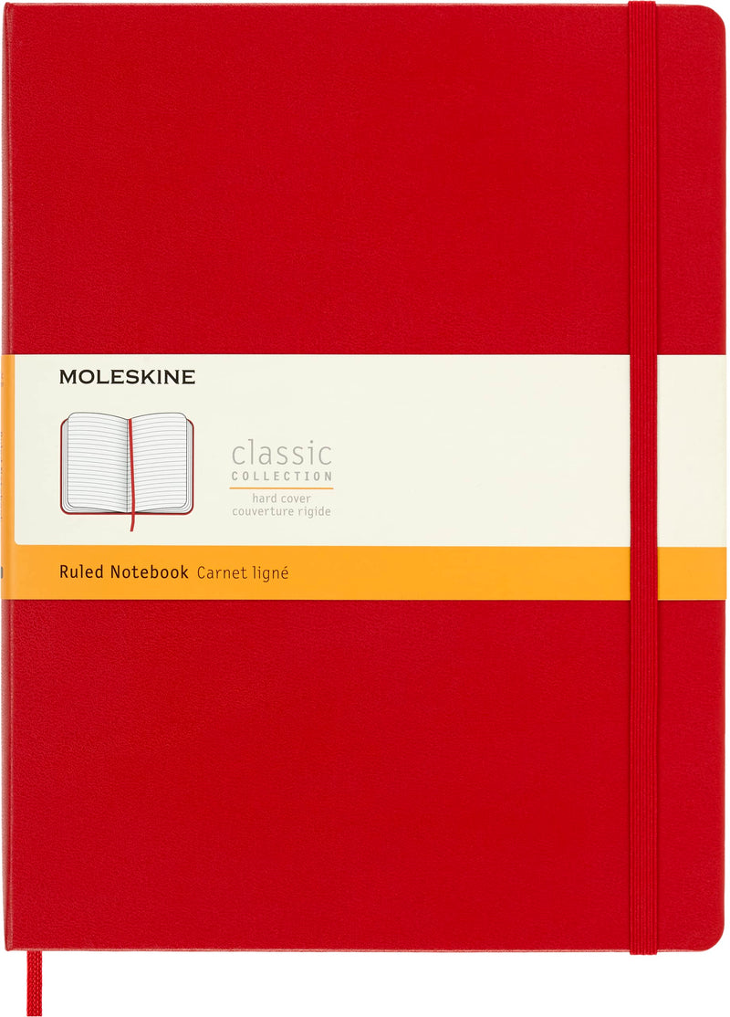 Moleskine Classic Ruled Paper Notebook, Hard Cover and Elastic Closure Journal, Color Scarlet Red, Size Extra Large 19 x 25 cm, 192 Pages