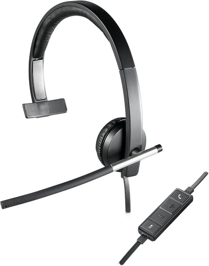 Logitech H650e Wired Headset, Mono Headphone with Noise-Cancelling Microphone, USB, In-Line Controls, Indicator LED, PC/Mac/Laptop - Black