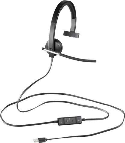 Logitech H650e Wired Headset, Mono Headphone with Noise-Cancelling Microphone, USB, In-Line Controls, Indicator LED, PC/Mac/Laptop - Black