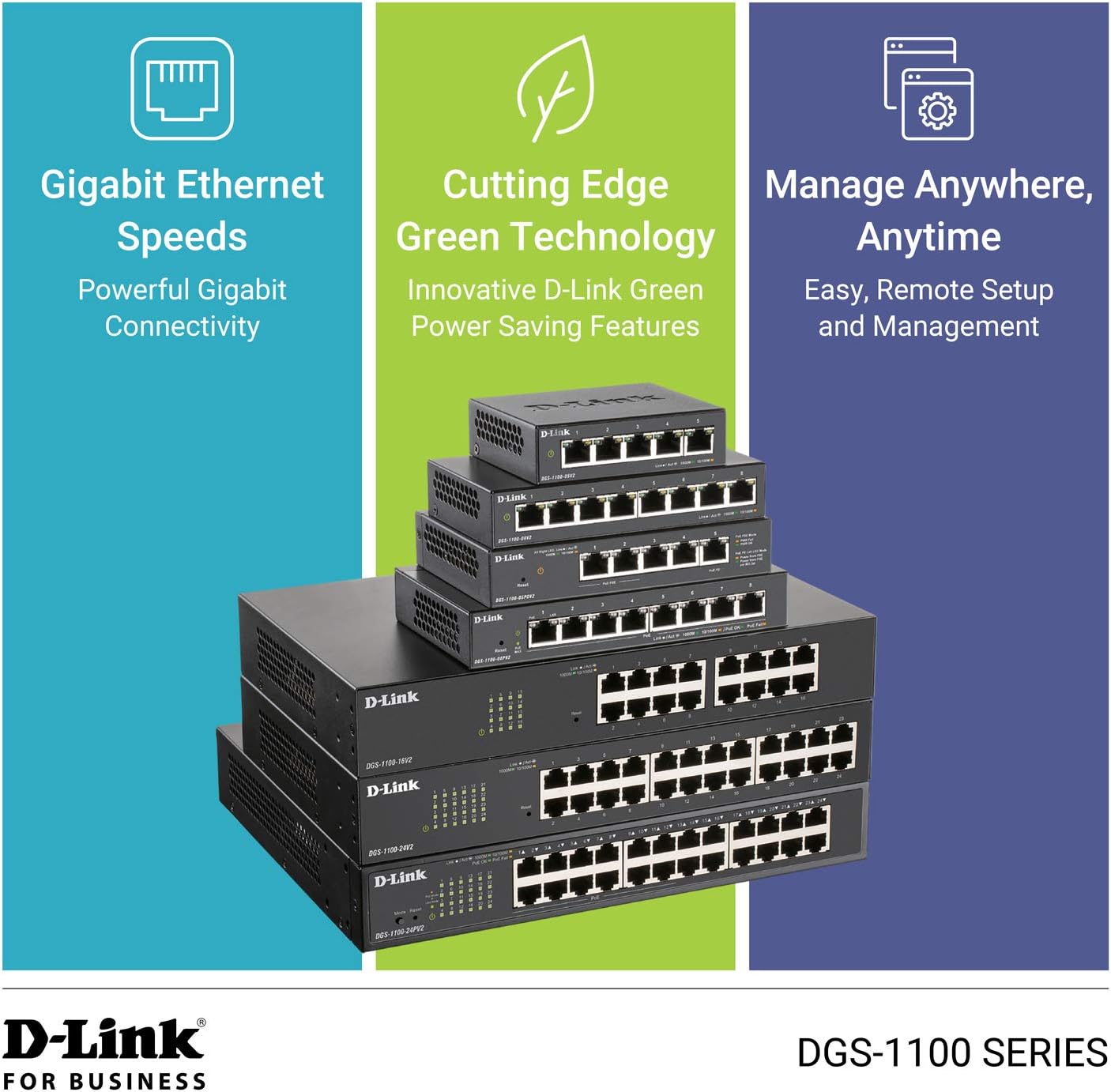 D-Link DGS-1100-08V2 8-Port Gigabit Smart Managed Switch with VLAN support, layer 2 features, QoS, 802.3az EEE, Fanless, Black