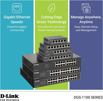 D-Link DGS-1100-08V2 8-Port Gigabit Smart Managed Switch with VLAN support, layer 2 features, QoS, 802.3az EEE, Fanless, Black