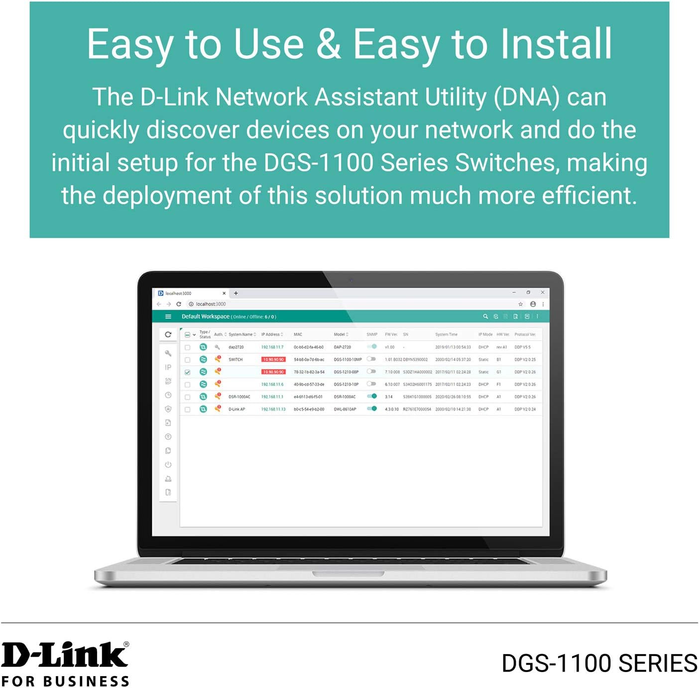 D-Link DGS-1100-08V2 8-Port Gigabit Smart Managed Switch with VLAN support, layer 2 features, QoS, 802.3az EEE, Fanless, Black