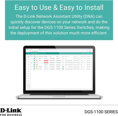 D-Link DGS-1100-08V2 8-Port Gigabit Smart Managed Switch with VLAN support, layer 2 features, QoS, 802.3az EEE, Fanless, Black