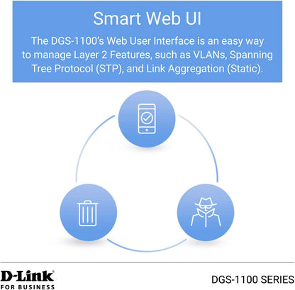 D-Link DGS-1100-08V2 8-Port Gigabit Smart Managed Switch with VLAN support, layer 2 features, QoS, 802.3az EEE, Fanless, Black