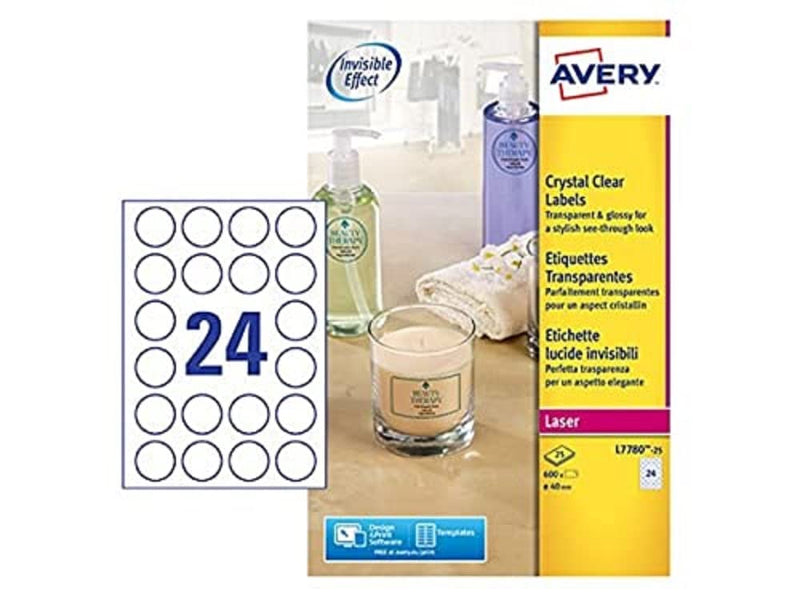 Avery L7780-25 Self-Adhesive Crystal Clear Transparent Round Labels, 24 Labels Per A4 Sheet